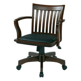 A stylish wooden office chair with a sleek black leather seat, suitable for enhancing any workspace.